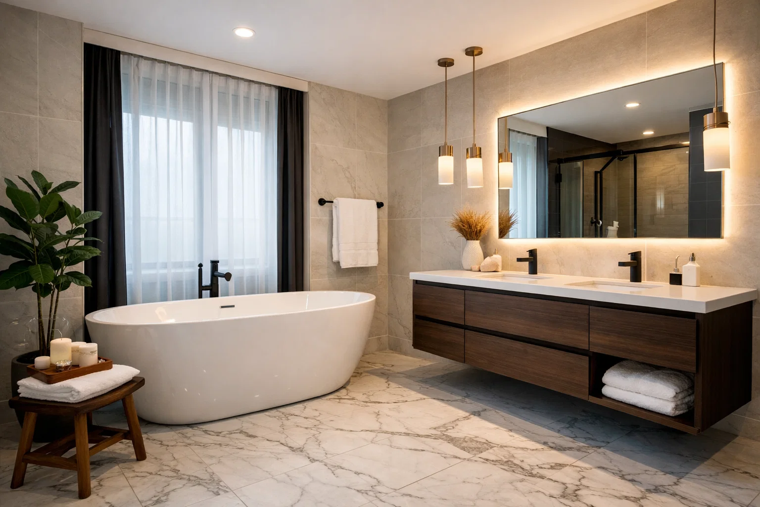 Modern bathroom renovation with freestanding tub, marble flooring, and elegant vanity