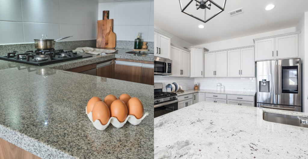 Contemporary white kitchen with minimalist cabinets, stainless steel appliances, and a gray-veined quartz island.