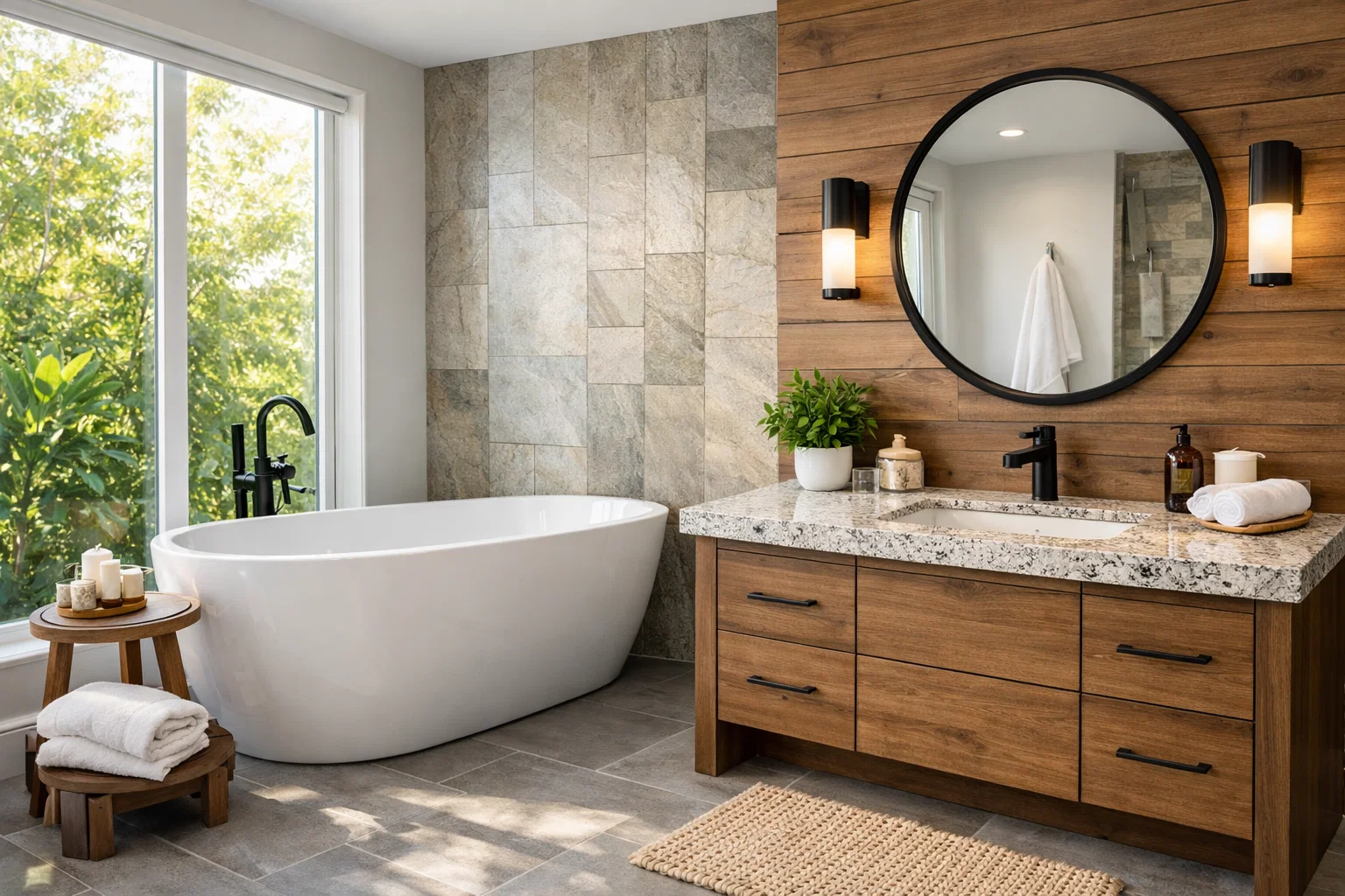 Modern renovated bathroom with freestanding tub and granite countertop vanity, showcasing stylish fixtures and elegant flooring