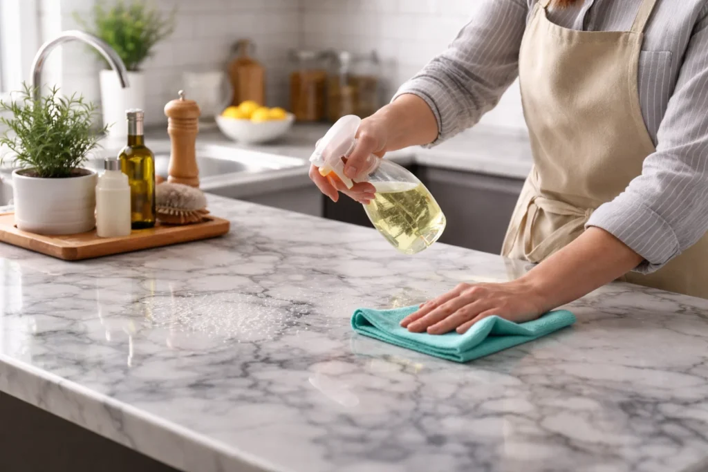 Person cleaning a marble kitchen counter with a spray bottle and a green cloth.