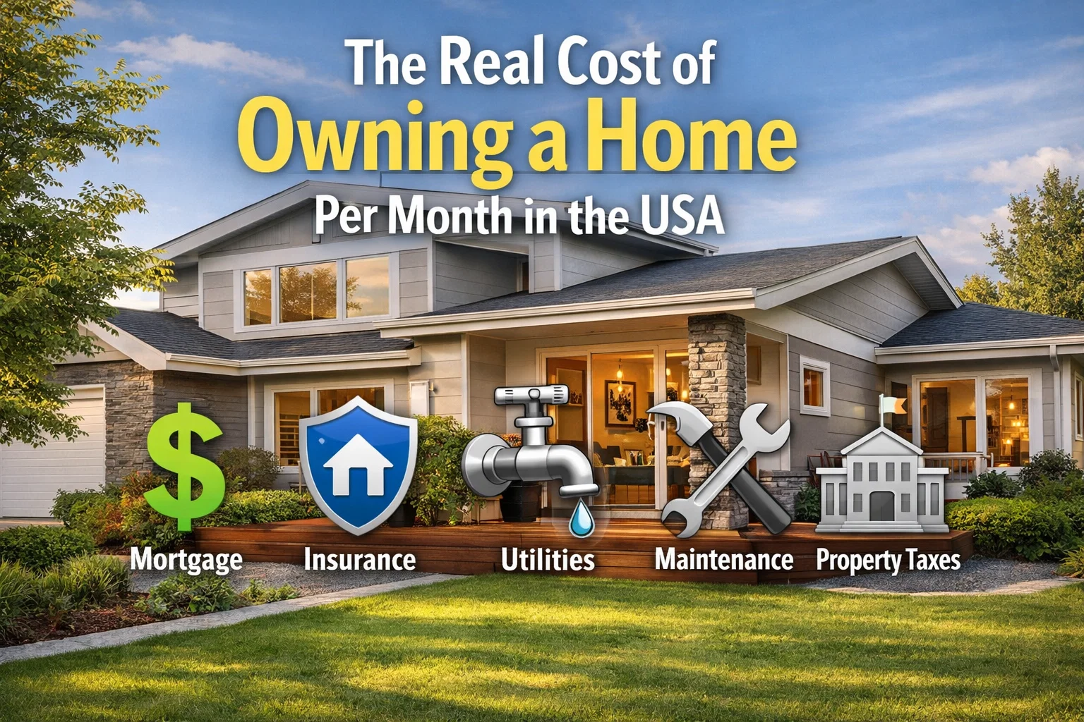 The Real Cost of Owning a Home Per Month in the USA" listing five cost categories: Mortgage, Insurance, Utilities, Maintenance, and Property Taxes.