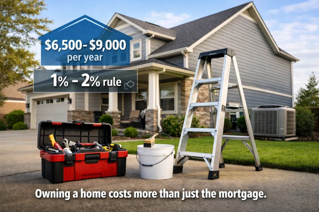 Average home maintenance cost per year in the USA showing suburban house with repair tools and budget planning concept
