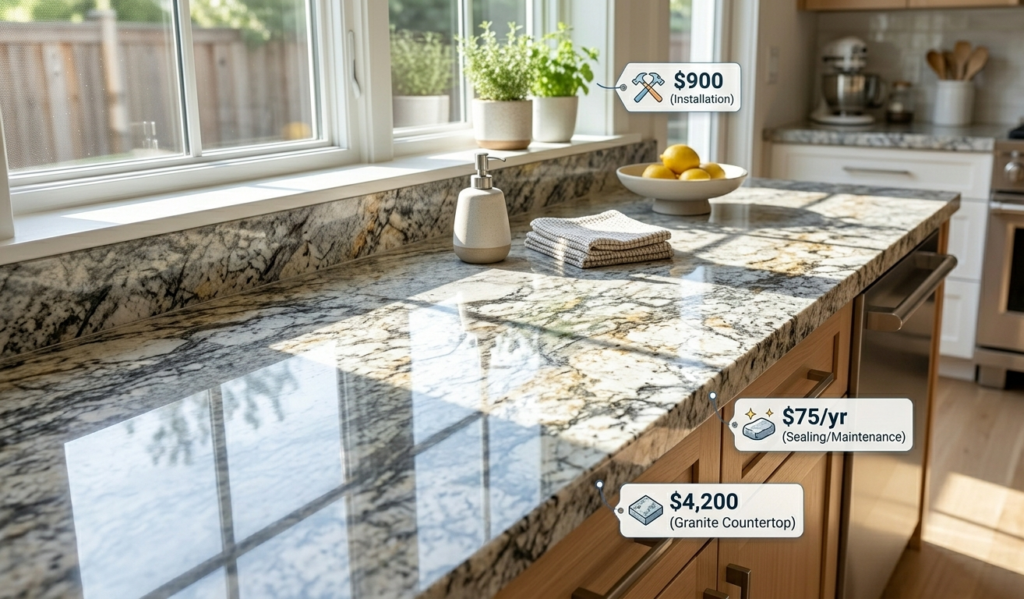 Natural stone kitchen countertop with polished granite surface showing proper maintenance and shine