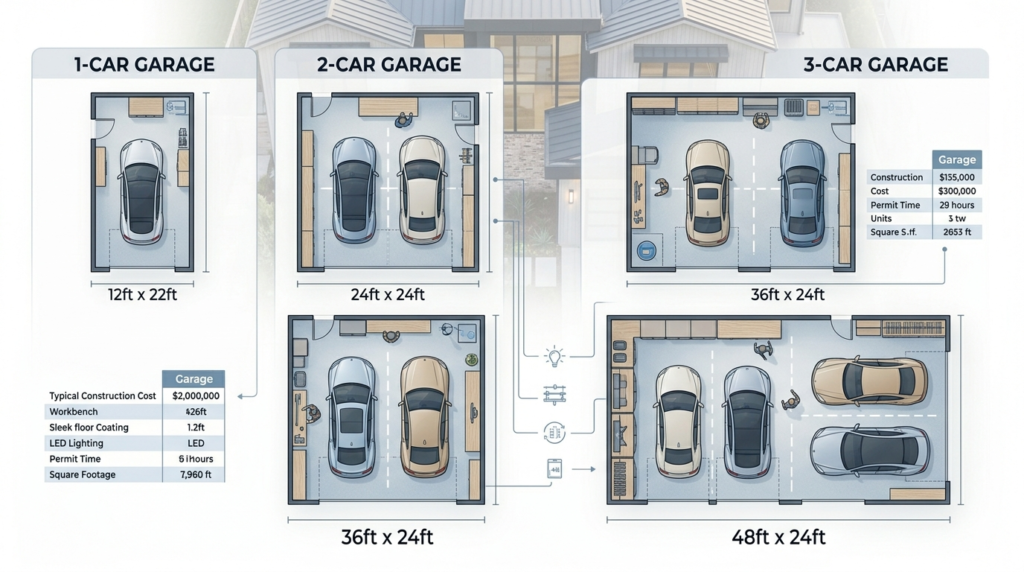 Garage size comparison chart showing 1 car 2 car 3 car and 4 car garage layouts
