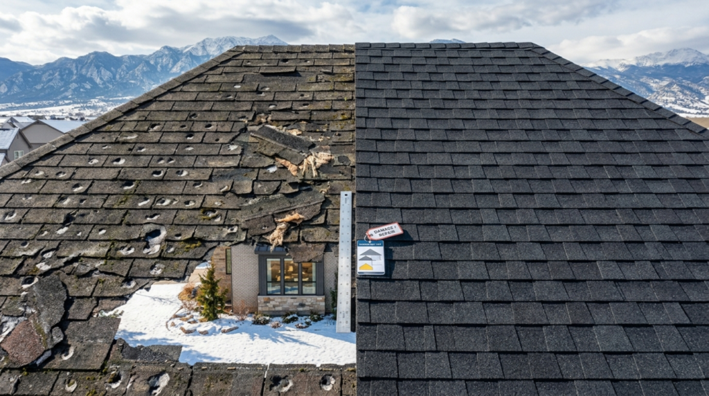 Damaged roof with cracked shingles compared to new impact-resistant roofing in Denver Colorado showing effects of hail and weather conditions