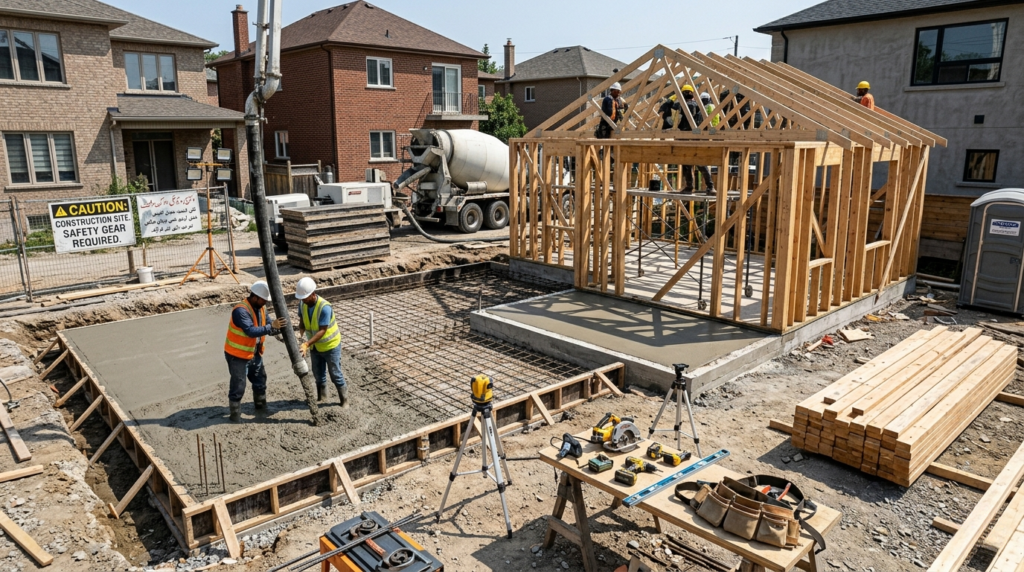 Garage construction process showing foundation framing and building materials in progress