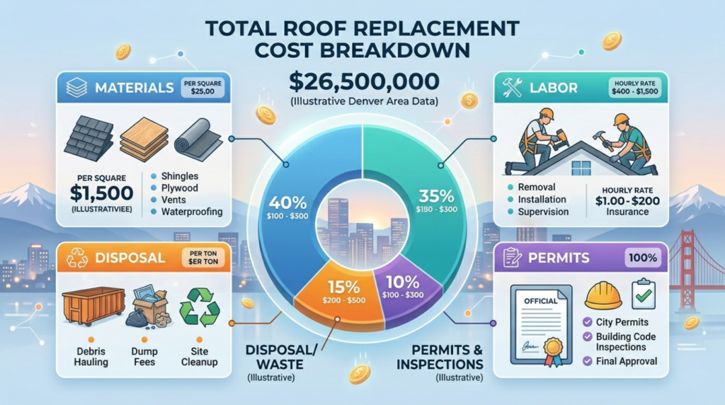 Roof replacement cost breakdown in Denver Colorado including materials labor permits and disposal costs infographic 2026