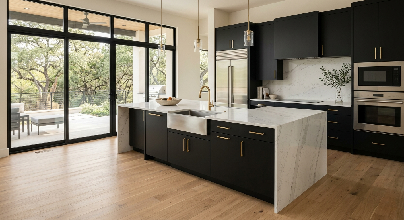 Modern Austin kitchen with quartz countertops featuring a large island, luxury interior design, and natural lighting representing quartz countertops cost in Austin Texas
