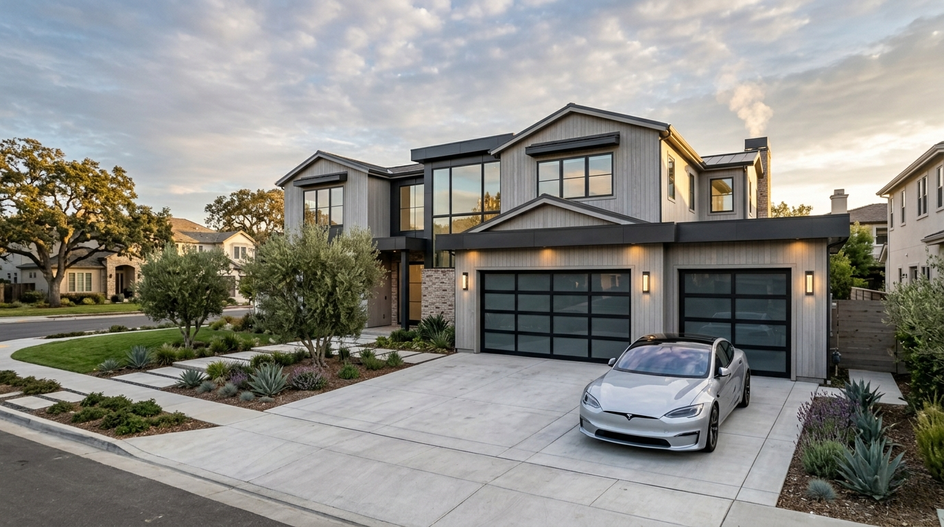 Modern garage renovation in San Jose California with driveway and residential home exterior
