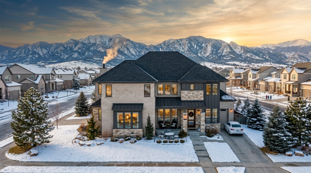 Newly installed roof on a residential home in Denver Colorado with mountain backdrop, representing roof replacement cost and modern roofing materials in 2026